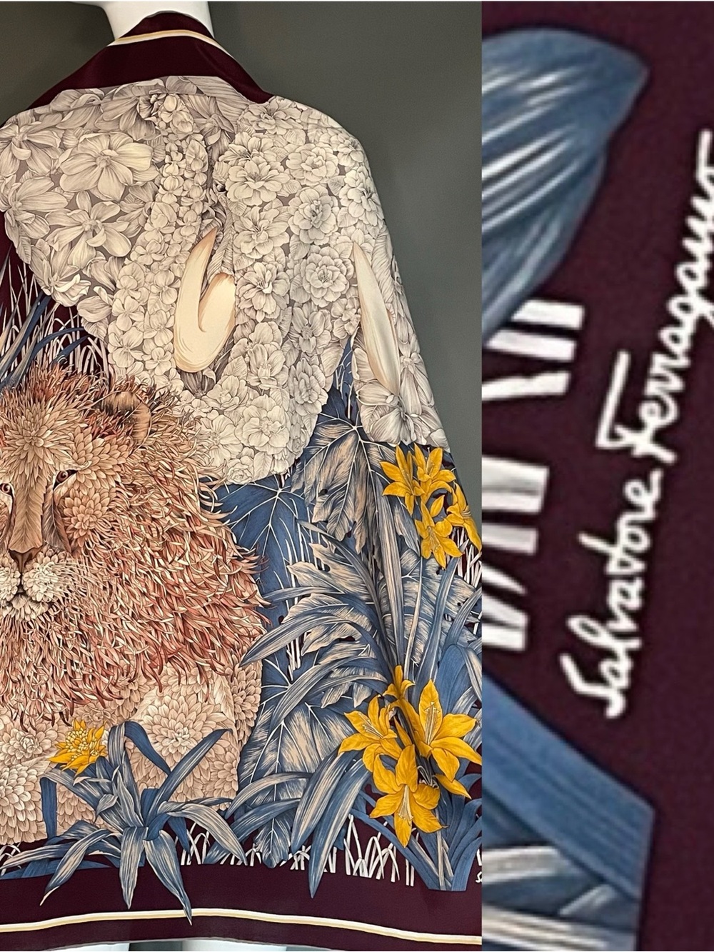 Gorg Vintage Ferragamo Silk Scarf Floral Lion Elephant 34 In Excellent Condition